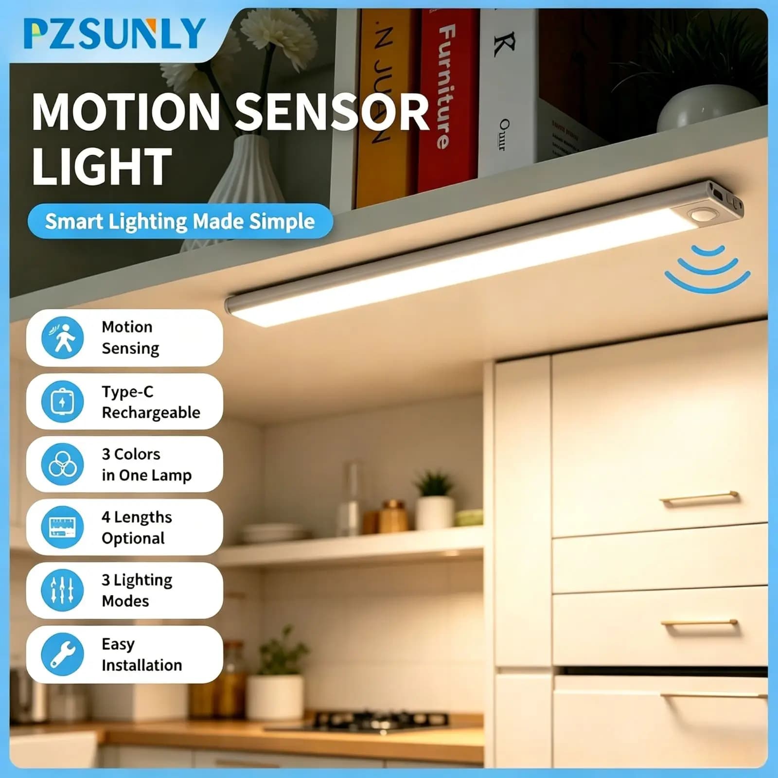 LED Under Cabinet Light Motion Sensor 3 Colors USB Rechargeable Magnetic Dimmable Night Lamp for Kitchen Wardrobe Bedroom Stairs