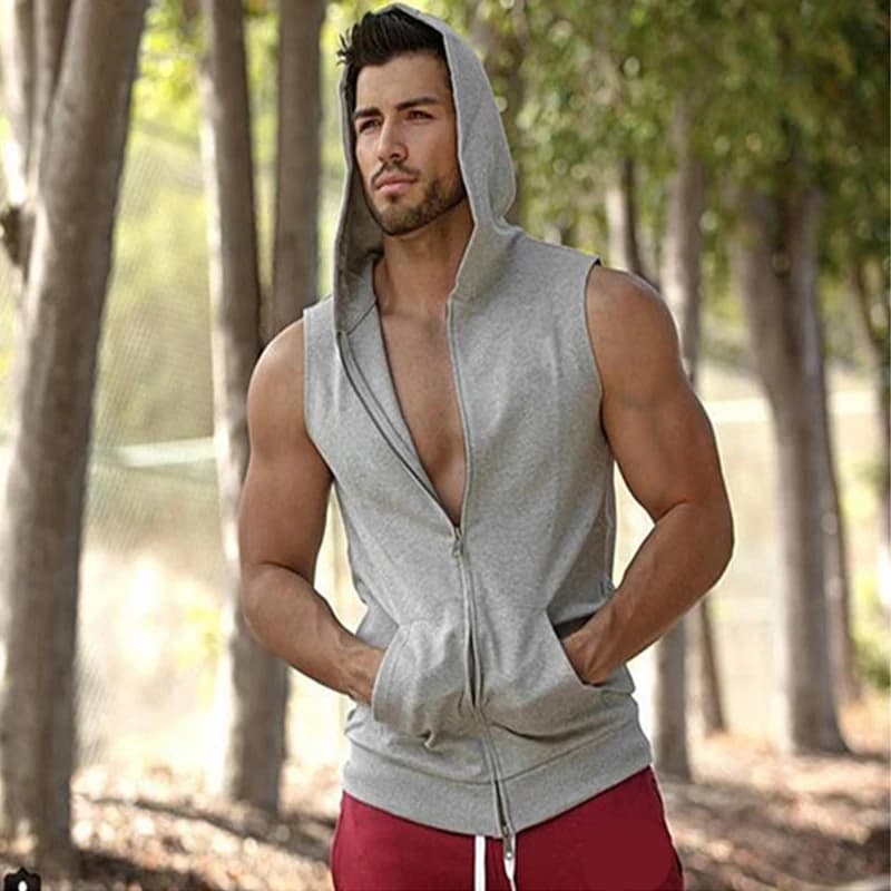 Gilet Senza Maniche da Uomo, Top Sportivo con Cappuccio e Cerniera, Gilet Casual, Canotta Fitness da Uomo con Doppia Tasca, Abbigliamento Uomo