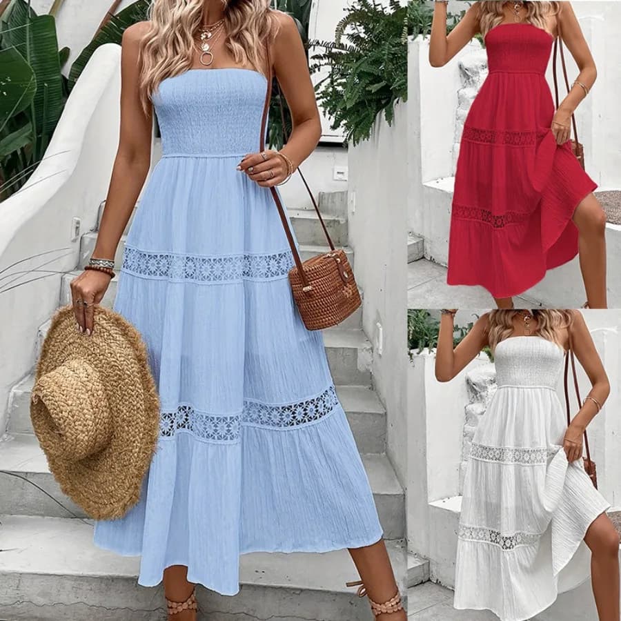 【Nuovo stile】Abito a tubino con cuciture in pizzo, gonna ampia plissettata, stile da donna, stile per vacanze al mare, abito medio-lungo