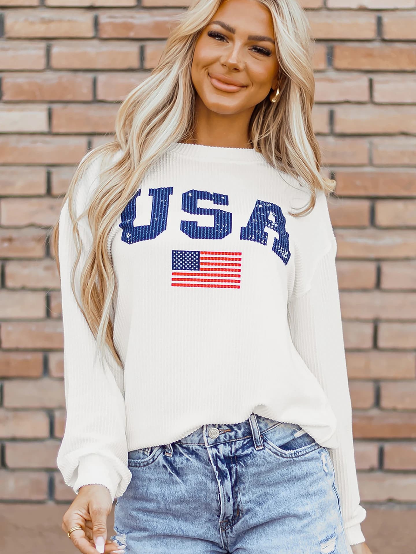 DearLover American Flag Print Long Sleeve Hoodie Women's Casual round Neck Top Comfortable Loose Fit Polyester Blend Sweatshirt