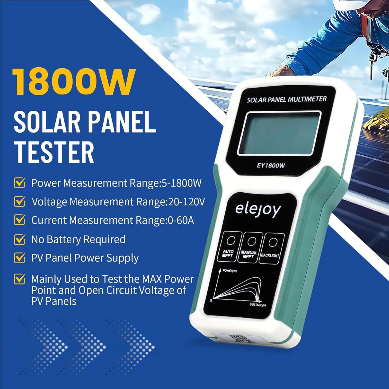 Tester per pannelli solari da 1800 W Multimetro fotovoltaico MPPT Misuratore di watt Strumento portatile per misurazioni di dati e risoluzione dei problemi del pannello solare fotovoltaico