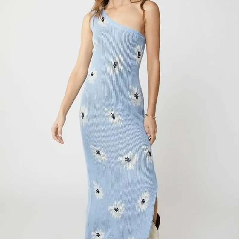 Sexy Knitted Asymmetrical Shoulder Dress Women's High Waist Floral Long Skirt without Sleeve Crossbody Dresses for Women