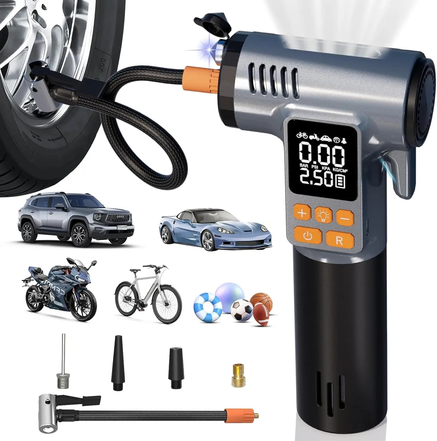 Gonfiatore portatile per pneumatici 8 in 1: pompa ad aria, interruttore finestra, torcia elettrica, indicatore digitale
