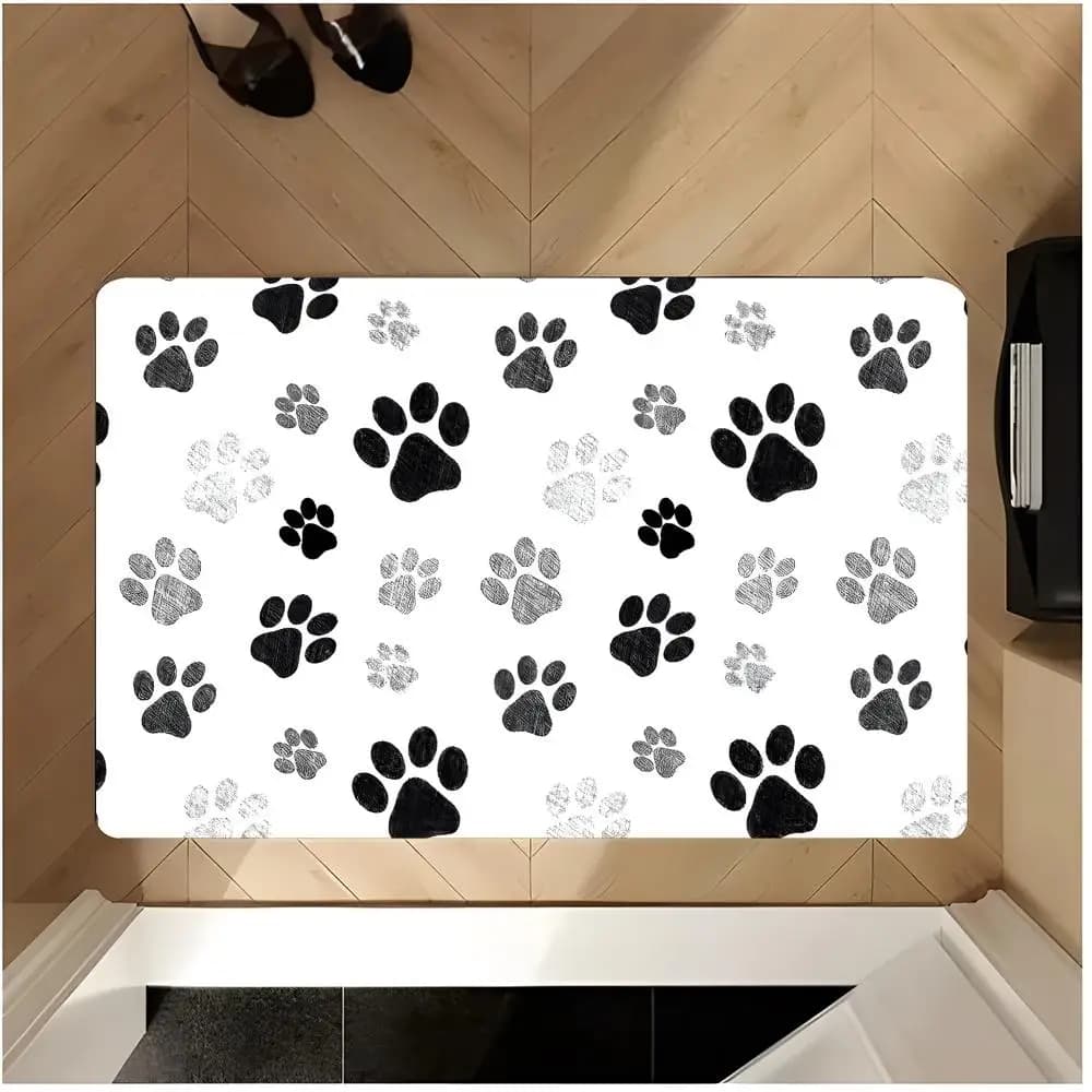 Floor Mat Non Slip Washable Flannel Doormat Water Absorbent Indoor Floor Carpet Rug Pattern Cute C-Cat Paw Print