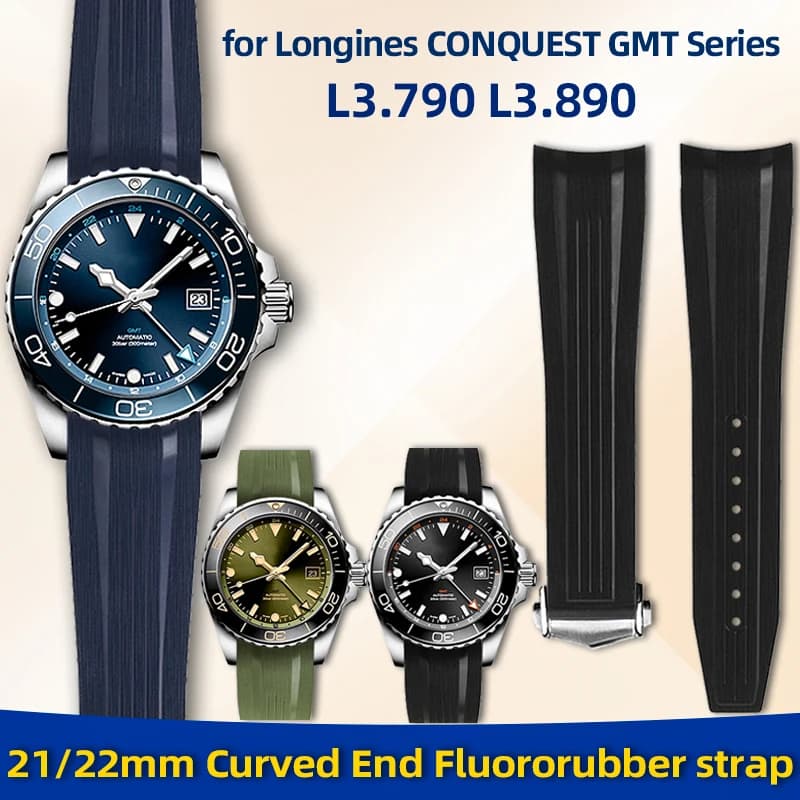 21mm 22mm Curved End Fluororubber watch band for Longines CONQUEST GMT L3.790/L3.890 watch strap Bracelet for men's 41/43mm dial