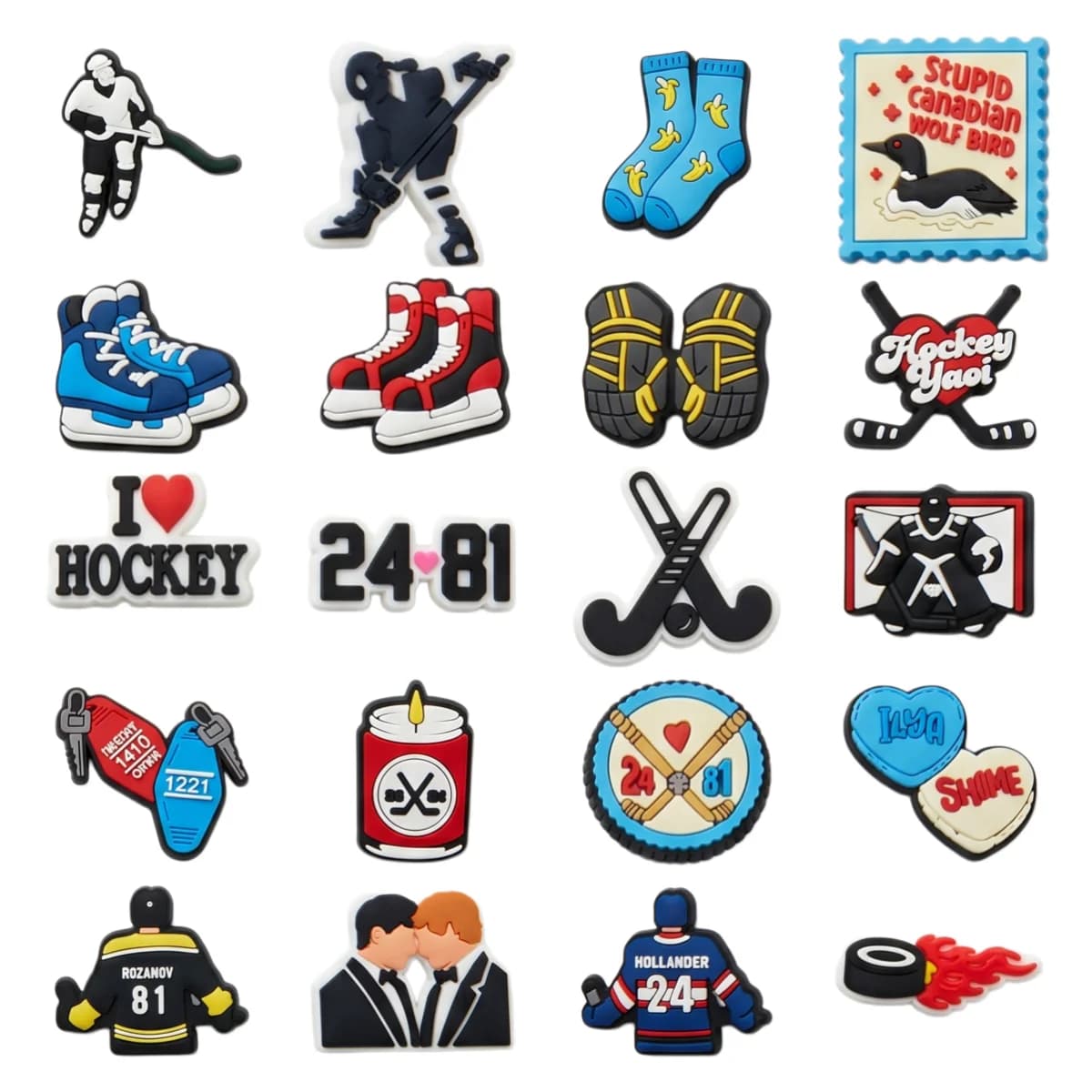 20-100 Pezzi Decorazioni per Scarpe in PVC con Personaggi TV 'I Love Hockey', Charm per Pattini da Hockey su Ghiaccio e Sandali, Ideali come Regali di Compleanno