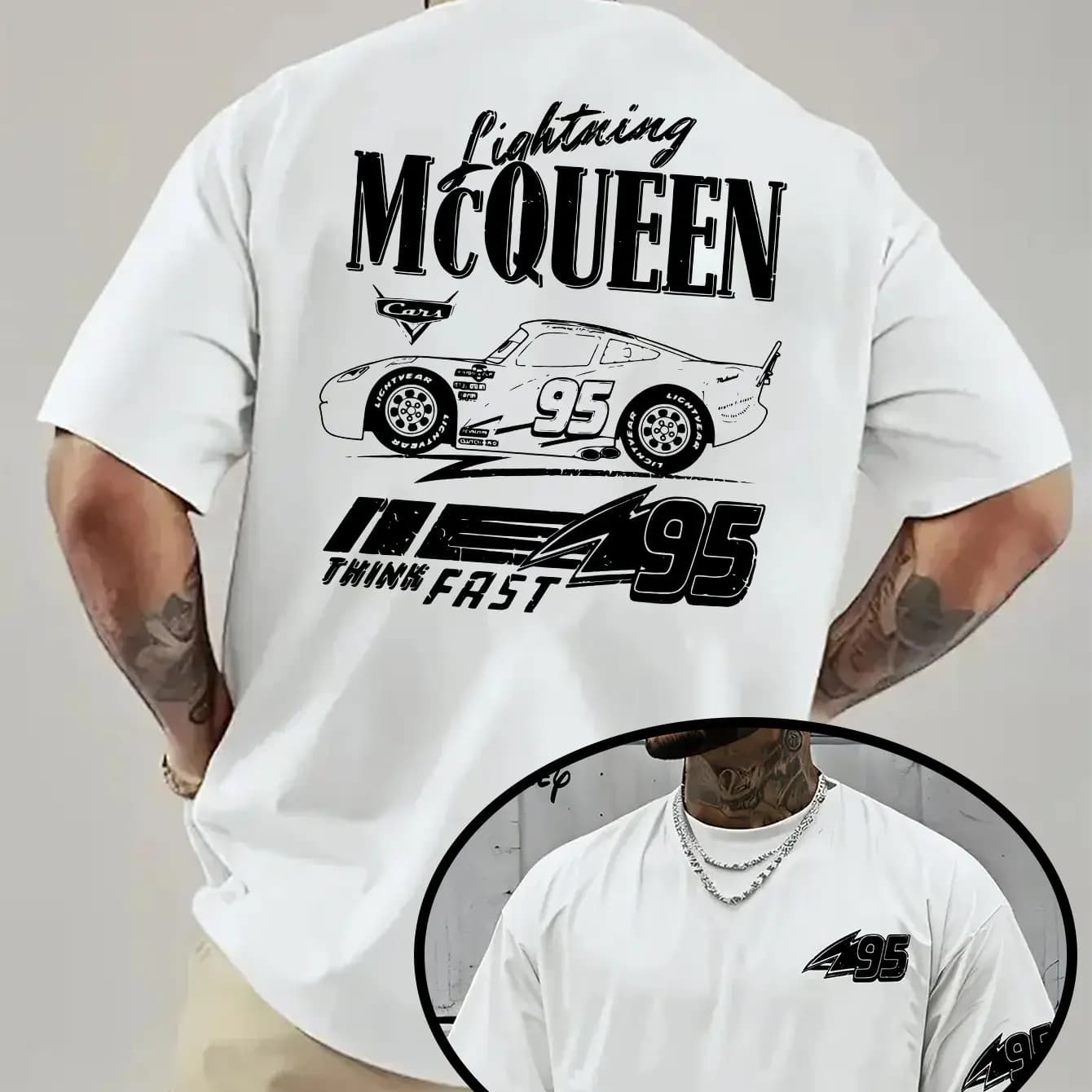 T-shirt da uomo Lightning McQueen Racing con stampa logo racing fronte-retro - Nero