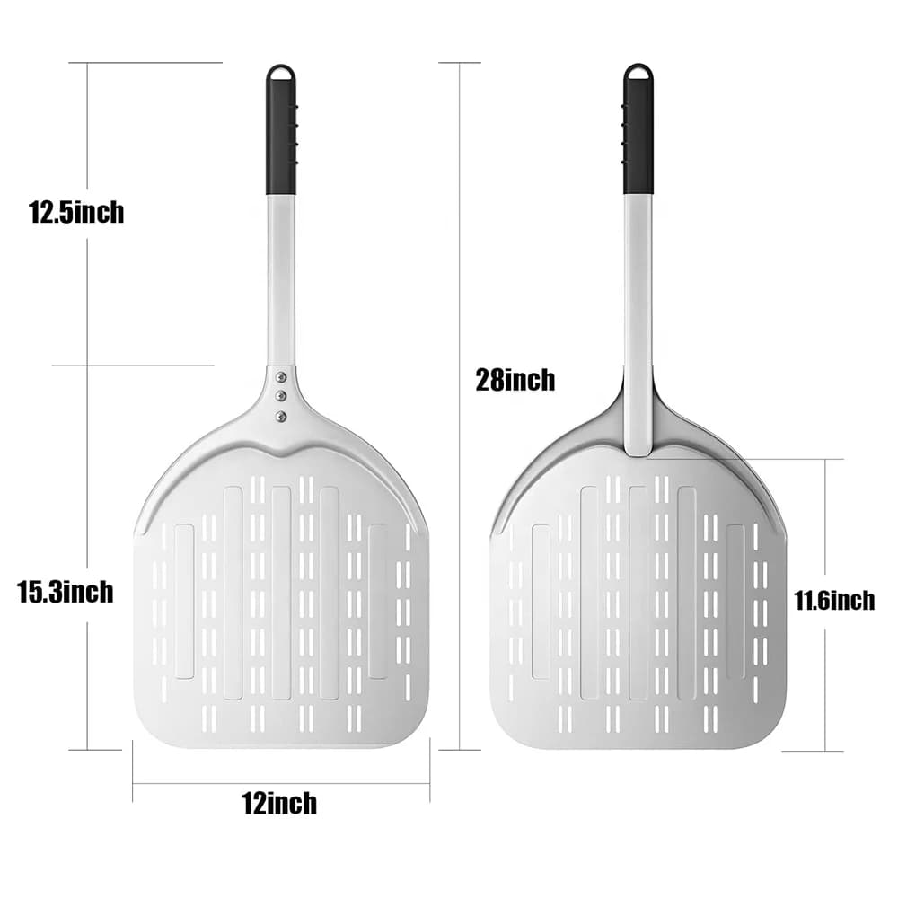 Spatola per pizza in metallo antiaderente con manico lungo in alluminio professionale per buccia di pizza perforata da 12 pollici