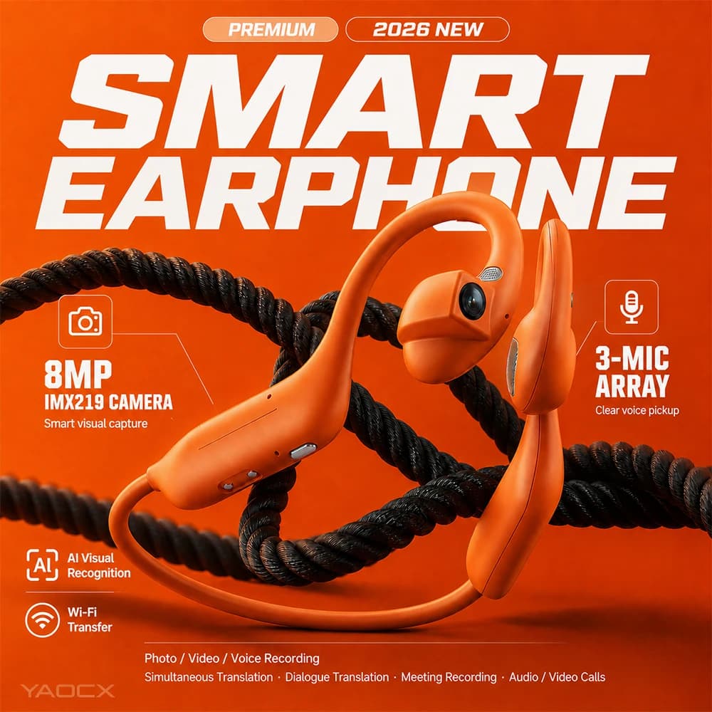 New AI Translation Camera Earphones Open Ear Bluetooth Headset Real-Time Dialogue Translation 3-Mic Recording for Travel Meeting