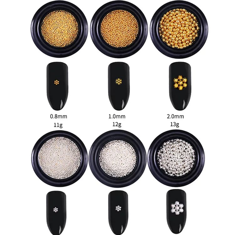 6 vasetti di dimensioni mix per unghie, sfera in acciaio oro argento, decorazione per unghie, prodotti per nail art