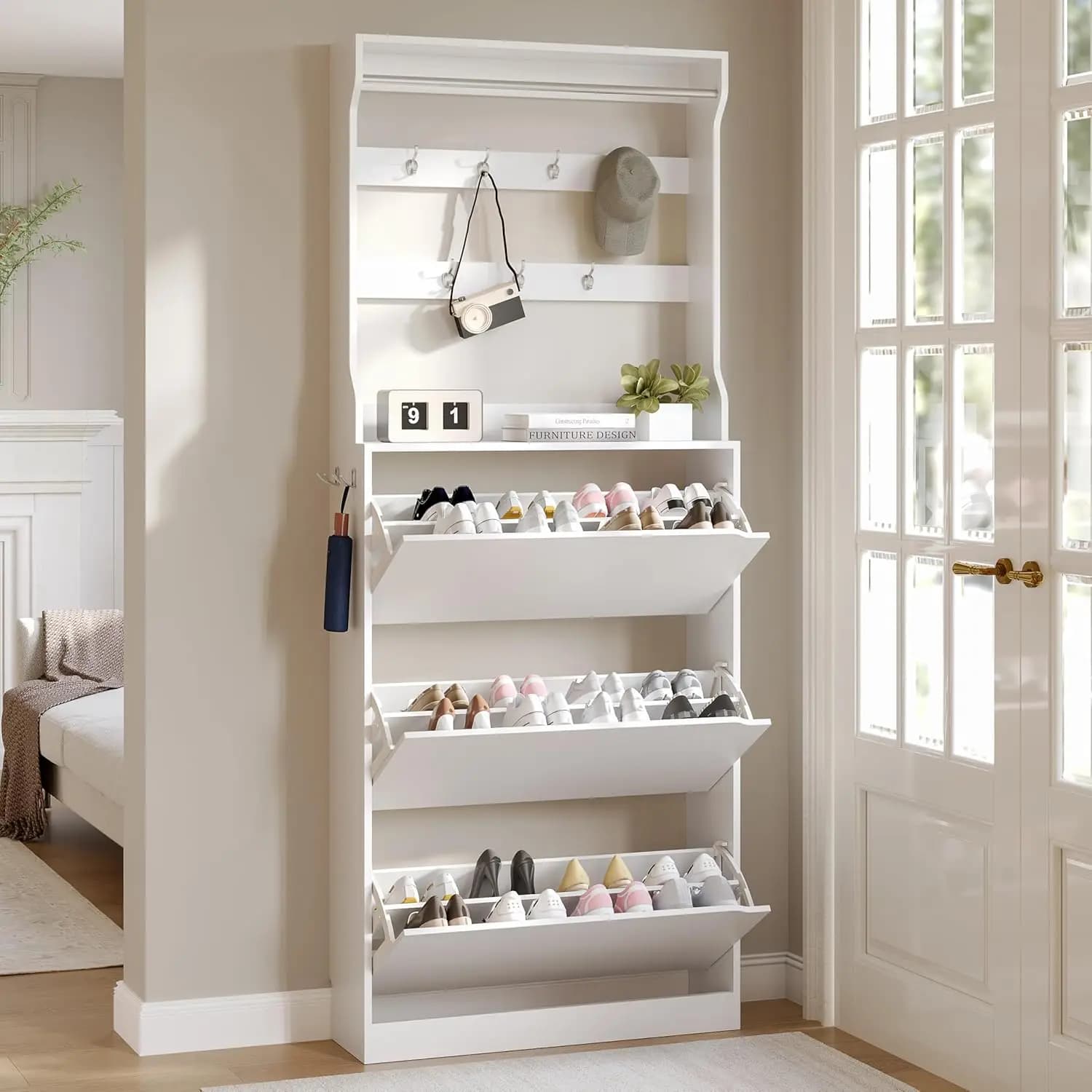 Tall Shoe Cabinet with Coat Rack, Hidden Shoe Storage Cabinet with Doors & Drawer, Hanging Bar & Hooks, Slim Narrow Freestanding