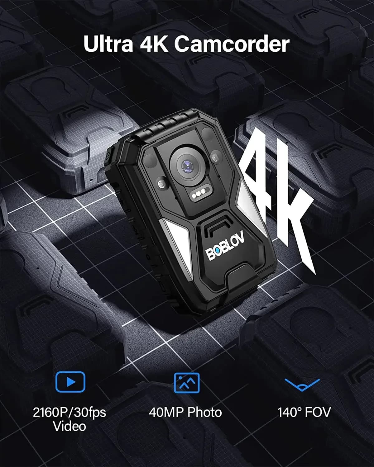 BOBLOV B4K4 Body Camera 4K 128G GPS IP67 Impermeabile Mini Telecamera Polizia 15 Ore 4000mAh Registratore Video Indossabile per Sicurezza Esterna