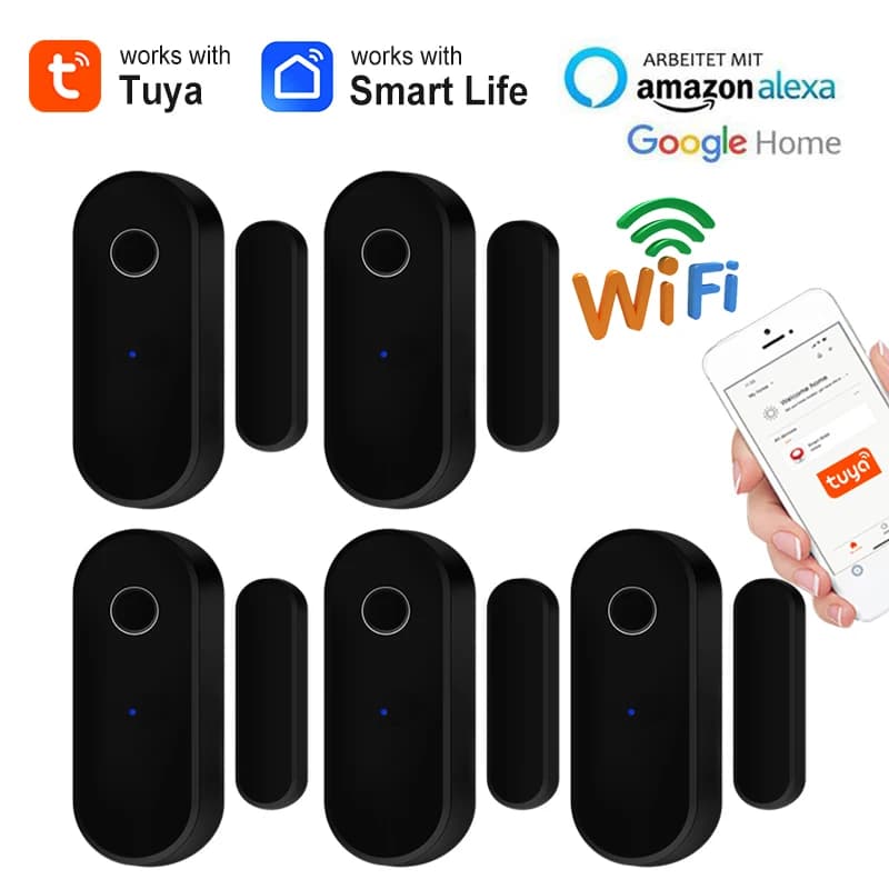Tuya WiFi Rilevatore di porte aperte e chiuse Nero Smart Life APP Sensore per porte e finestre Protezione di sicurezza domestica Compatibile con Alexa Google Home