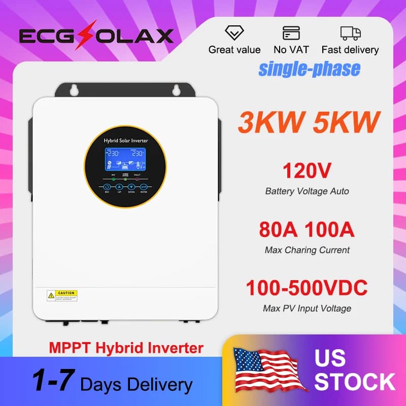Inverter Solare Ibrido Monofase ECGSOLAX 120V 3KW 5KW Onda Pura 24V/48V con MPPT Integrato 80A/100A