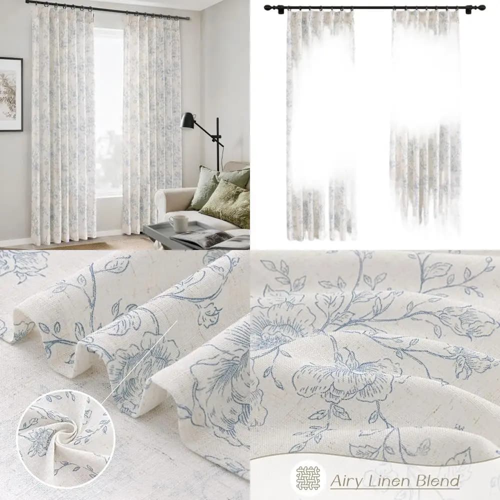 Tende in Lino Plissettate Blu Floreale Lunghe 84 Pollici con Coda a Memoria, Filtraggio Luce, 2 Pannelli 40L x 84L