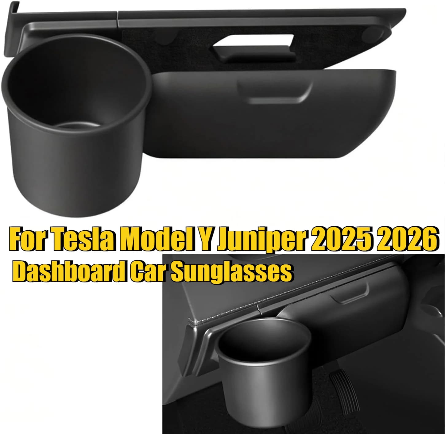 Portaocchiali da sole per cruscotto auto per Tesla Model Y Juniper 2025 2026, con porta bicchieri e vassoio portaoggetti 2-in-1
