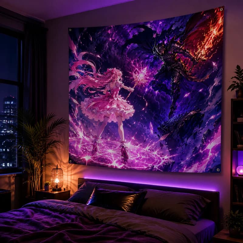 VIKAMA Good Evil Battle Magic Girl Tapestry Purple Thunder Abyss Pink Skirt Long Ponytail Magic Girl Anime Room Decoration