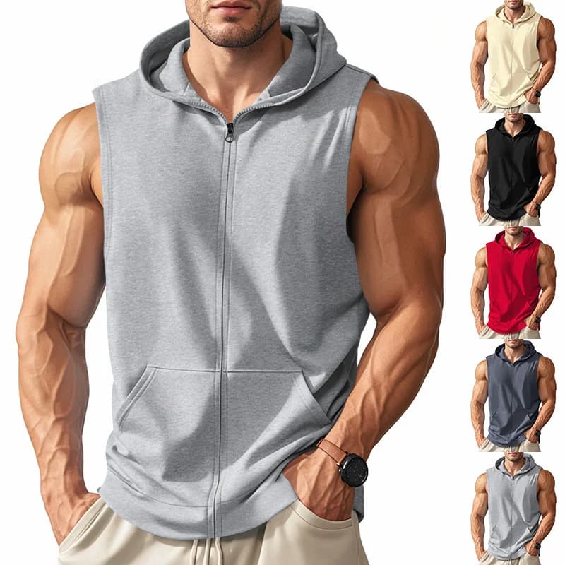 Canottiere da uomo estive con cerniera con cappuccio Canottiere sportive fitness casual Moda cerniera senza maniche Cardigan T-shirt Top Gilet da corsa maschile