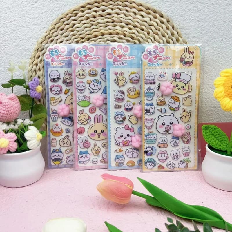 Adesivi 3D Morbidi Antistress a Tema Cartoni Animati (4 pz) - Chiikawa & Crayon Shin-chan, per Scrapbook, Riviste e Lavoretti Fai-da-te