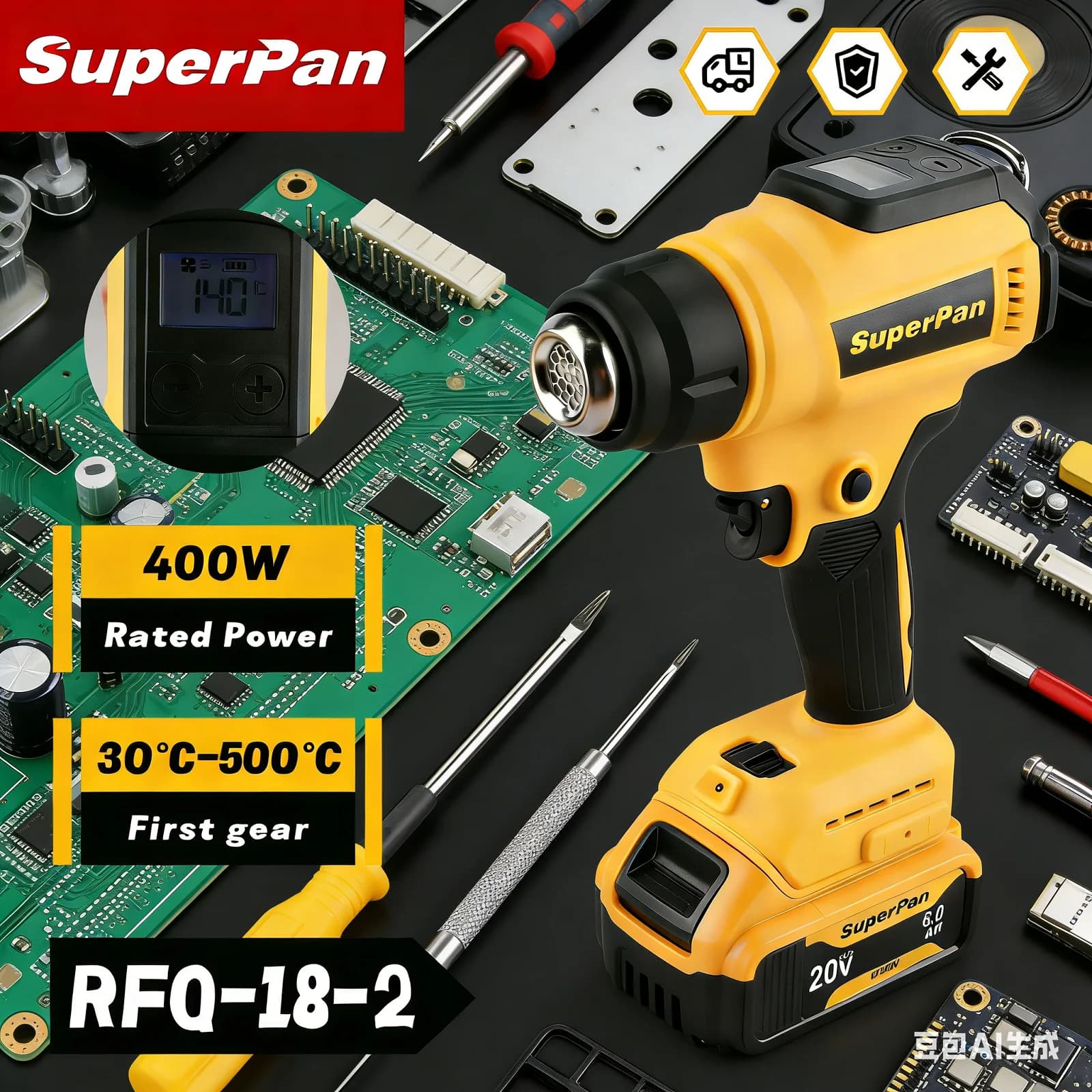 Pistola Termica Senza Fili SuperPan, Pistola Termica Automatica 18V Li-ion, Strumento di Riparazione di Precisione per Film Termoretraibile, Compatibile con Batteria Dewalt 18V