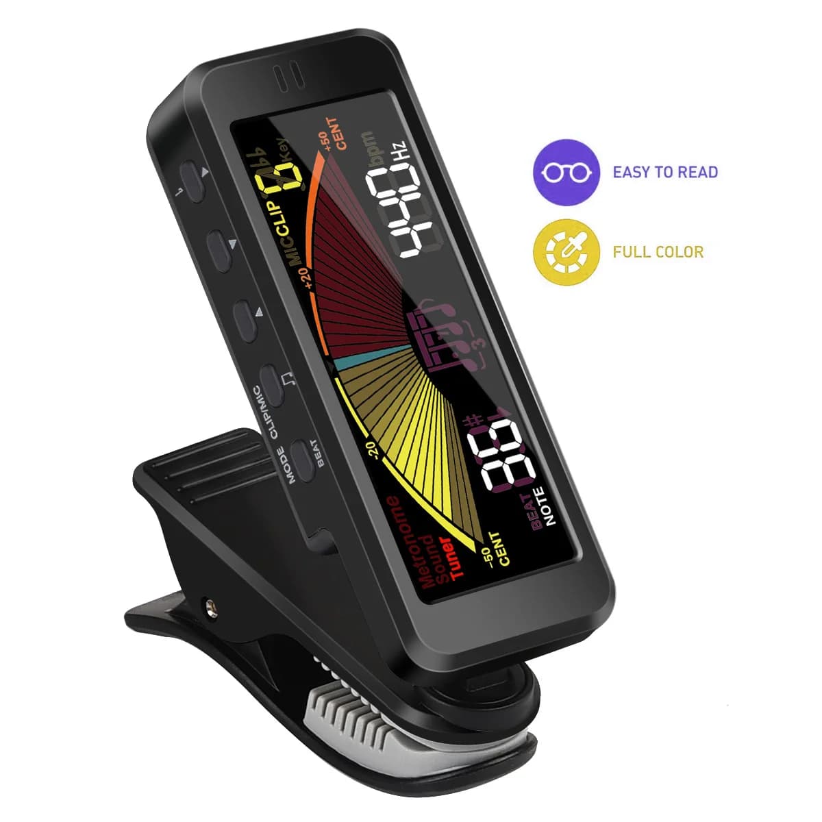 Accordatore clip-on compatto 3 in 1 Generatore di toni metronomo Flanger FMT-209 Ricaricabile Vista a 360 gradi per chitarra basso violino Ukulele