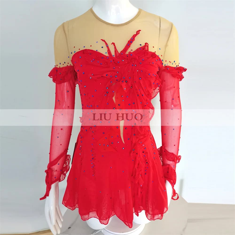 LIUHUO Ice Dance Figure Skating Dress Women Girl Teen Customize Costume Performance Competition Leotard Roller Red Long Sleeves
