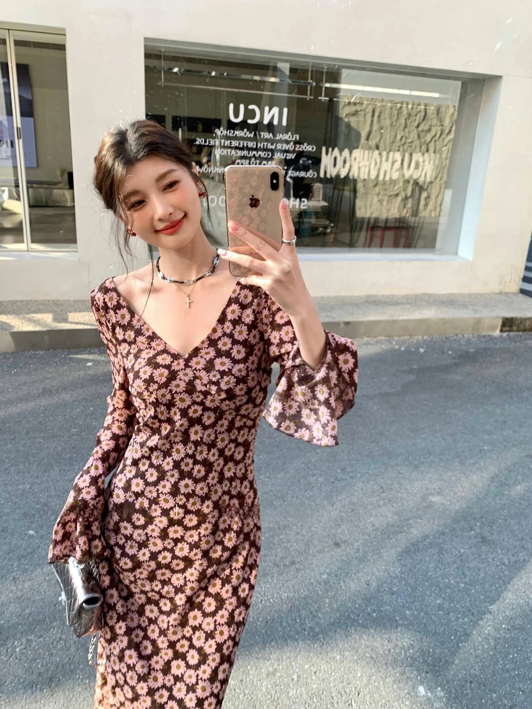 Elegante Abito Floreale a Maniche Lunghe con Scollo a V, Gonna a Trapezio con Vita Sottile, Stile Vintage, Abito da Donna per Appuntamenti, Feste, Viaggi, Uso Quotidiano