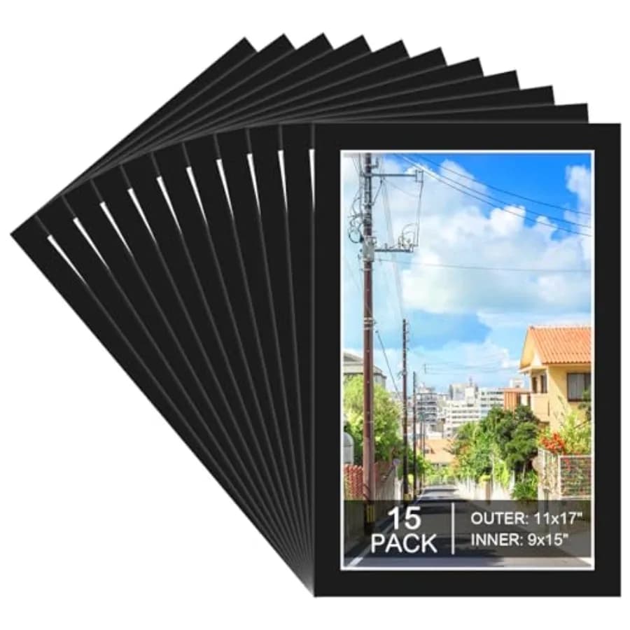 15 Pack 11x17 Black Picture Mats, Frame Mattes for 9x15 Pictures Photo Frame Mat Core Bevel Cut Mat Board Show Kit for Photos,