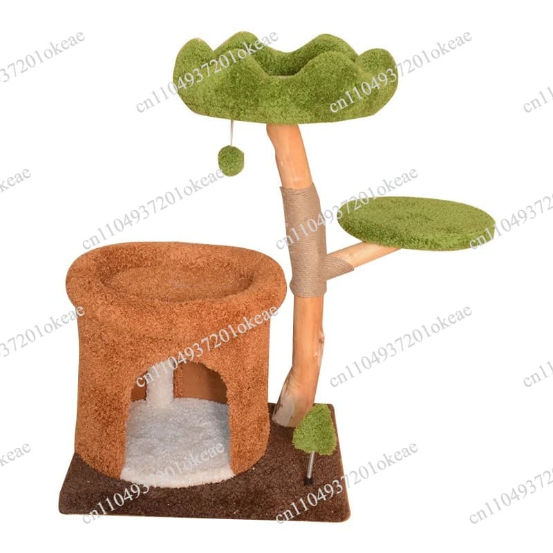 Small Cat Nest with Sword Hemp Pillar, Solid Wood Cat Tree Integrated with Natural Fruit Wood for Climbing