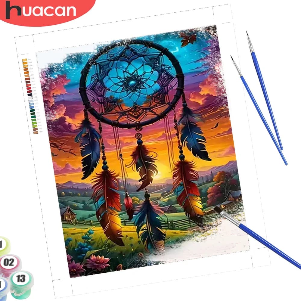 HUACAN Painting With Numbers Dreamcatcher Landscape Coloring By Numbers Sunset House Feather Sunset Handpainted Kits Home Decor