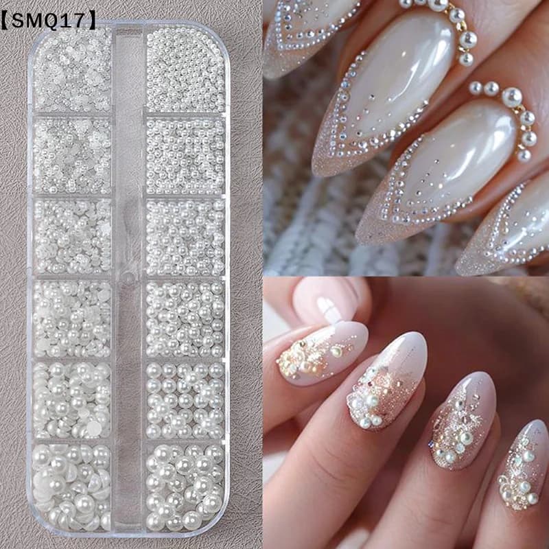 12Grids 3D Mixed White Pearls Nail Charms 0.15-0.5mm Round/Semicircle Pearl Beads Art Rhinestones DIY Manicure Accessories【SMQ】