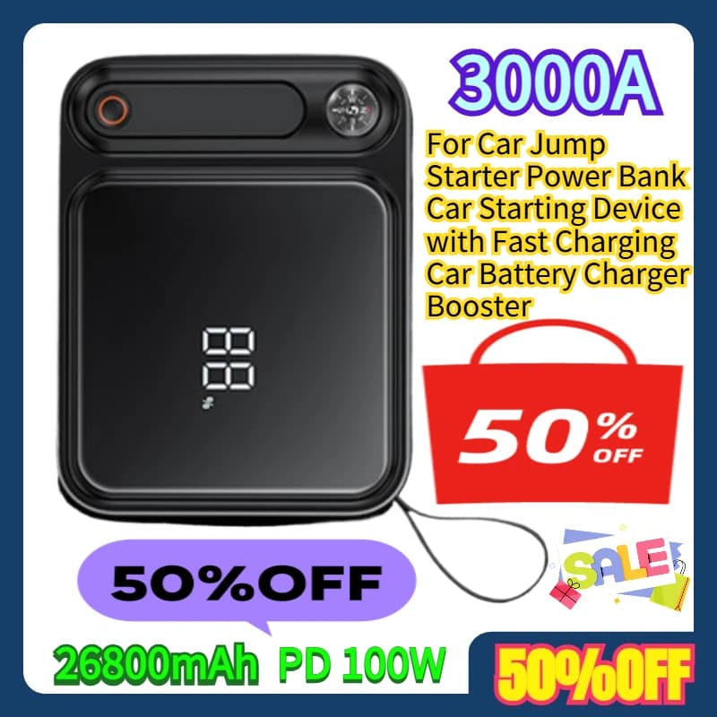 Avviatore di Emergenza per Auto 3000A, Power Bank 26800mAh, Dispositivo di Avviamento con Ricarica Rapida PD 100W, Caricabatterie per Auto