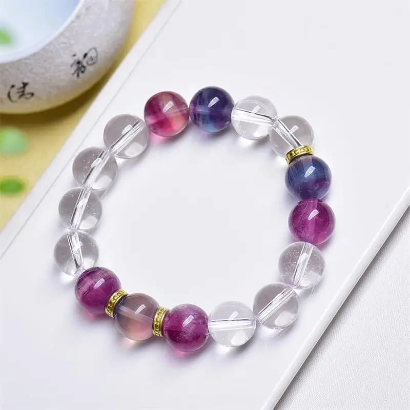 Bracciale con perline di fluorite naturale e quarzo trasparente da 12 mm, braccialetto elasticizzato curativo, regalo di compleanno per bambini, 1 pezzo