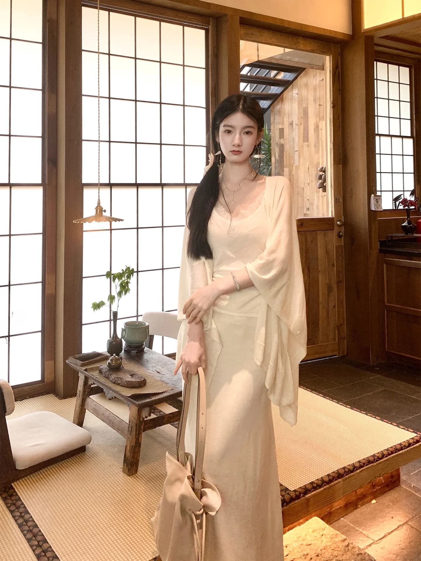 WalkinDark Cherry Blossom Soft Fine Wool Lace Strap Half Skirt Shawl Belted Jacket in Two Colors Spring Fashion Set for Women