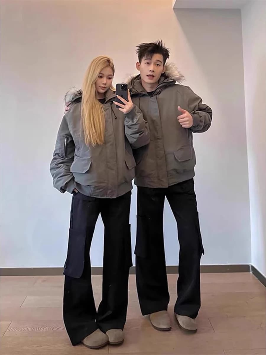 Giacca Bomber con Collo in Pelliccia Grigia, Cappotto Invernale Imbottito da Uomo, Abbigliamento Casual a Maniche Lunghe con Zip per Coppie
