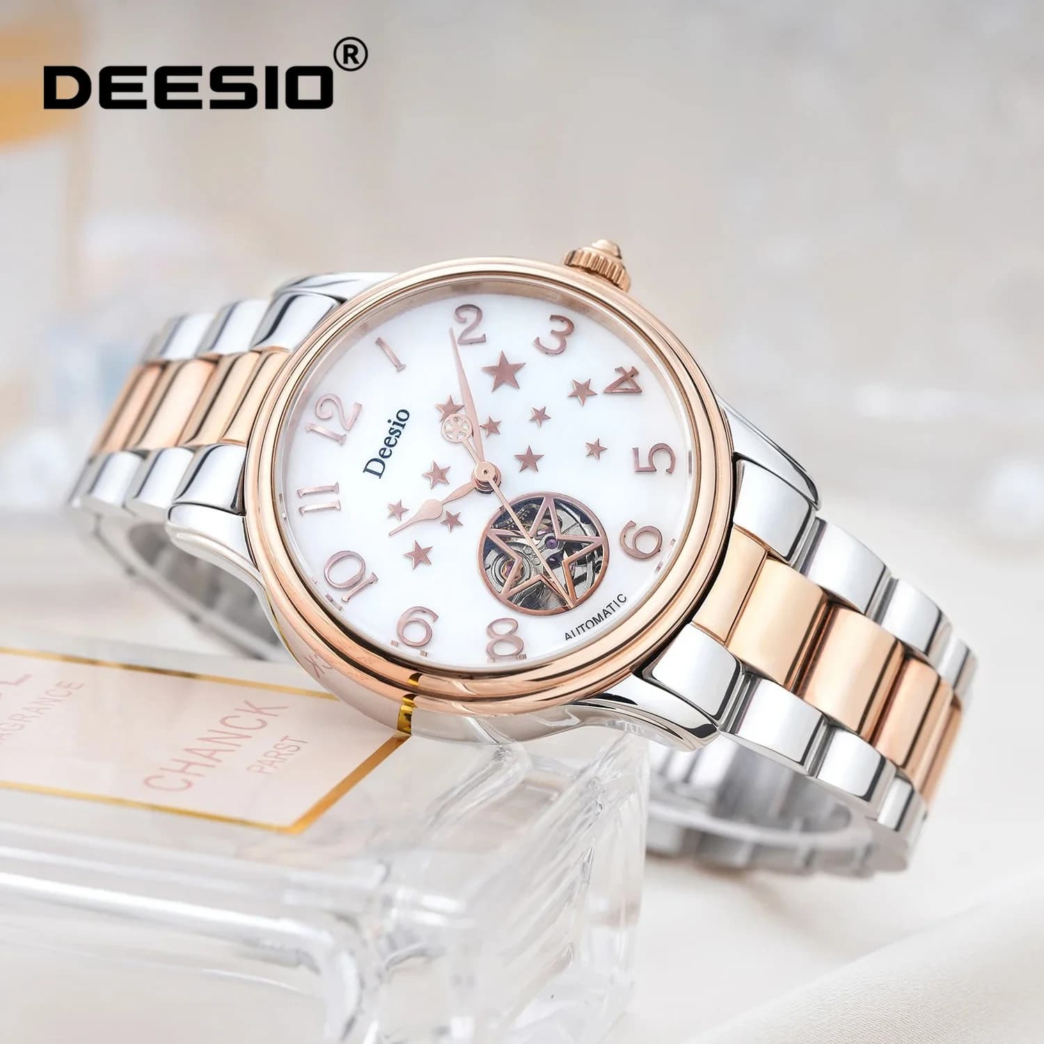 Deesio Women‘s Automatic Mechanical Watch Starry Sky Skeleton Dial Stainless Steel Band 50M Waterproof Dress Watch Gift for Her