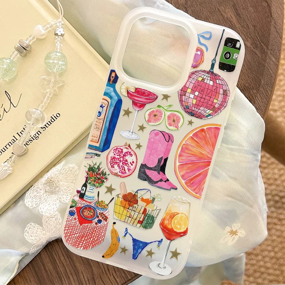 Summer Beach Fruit Wine Transparent Frosted Shockproof phone Case For iPhone 17 16E 16 15 14 Plus 13 12 11 Air Plus Pro X XR Max