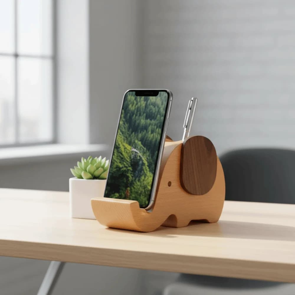 Organizer da Scrivania in Legno a Forma di Elefante, Design Creativo, Portapenne e Supporto Multifunzione per Telefono, per Scuola e Ufficio