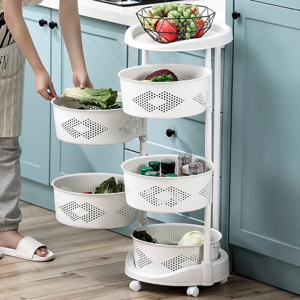 Organizzatore da Cucina a 5 Ripiani, Cesto Girevole per Frutta e Verdura, Bianco con Ruote
