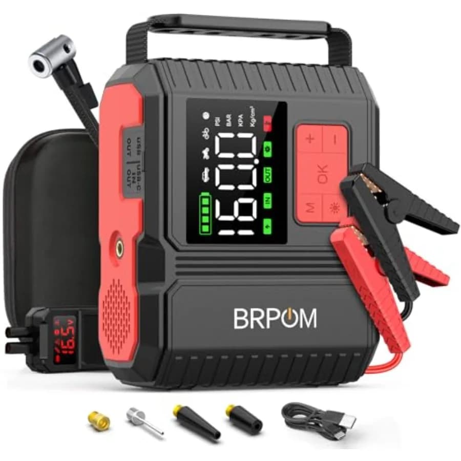 Avviatore d'emergenza per auto con compressore d'aria 9000A di picco, 26800 mAh, per tutti i motori a benzina o diesel fino a 12.0L, 50 avvii, portatile, 160 PSI, Jump Star