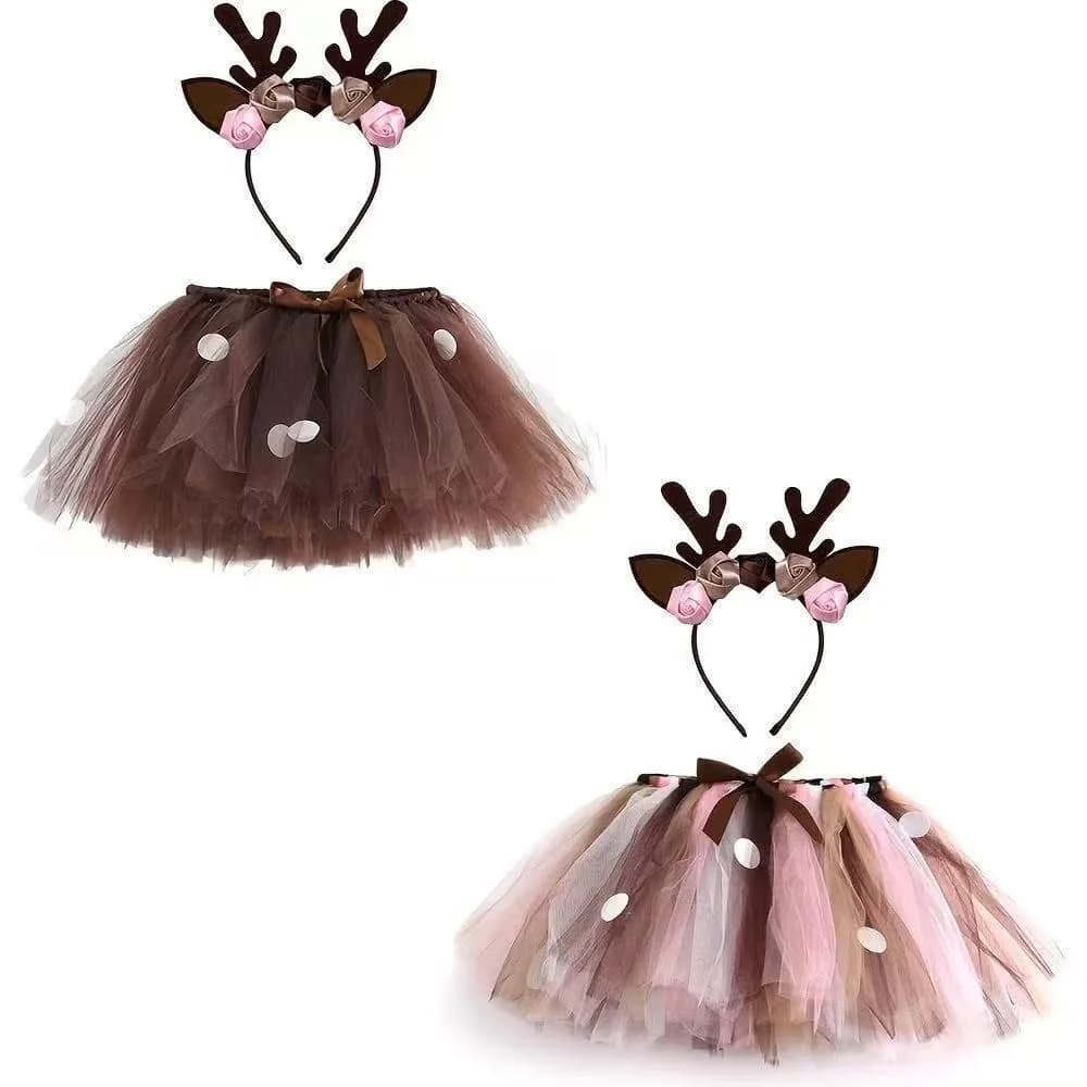 Gonna Tutu a Tema Cervo Soffice per Feste di Compleanno, Gonna in Tulle per Danza, Costume da Cervo Natalizio con Fascia per Capelli con Corna