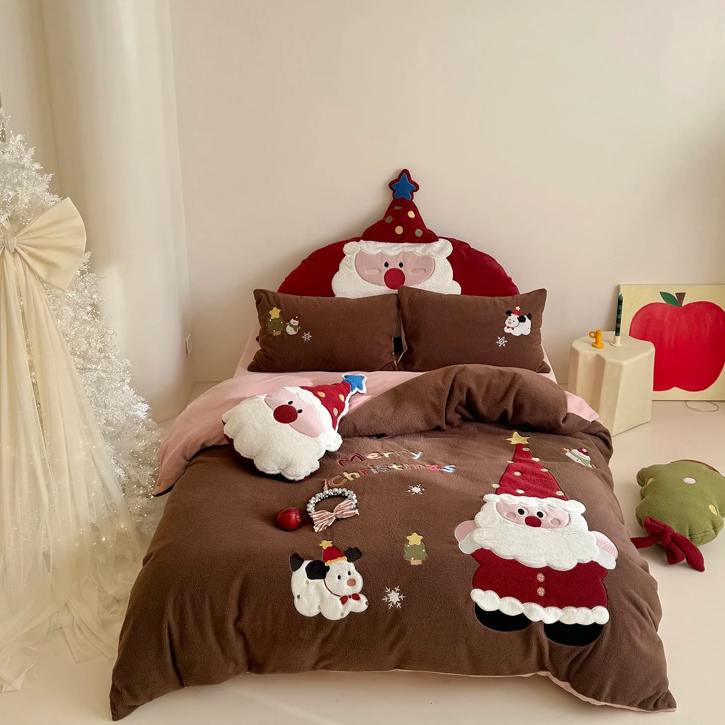3/4 pieces Santa Claus applique embroidery imitation cashmere set velvet bed linen duvet duvet bed pillow pillow pillowcase Christmas gifts