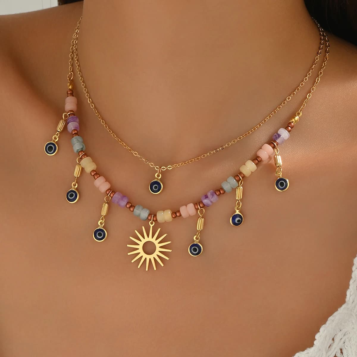 Fashion Necklace Set with Colorful Devil Eye Pendant, Necklace with Sun Pendant and Clavicola Chain