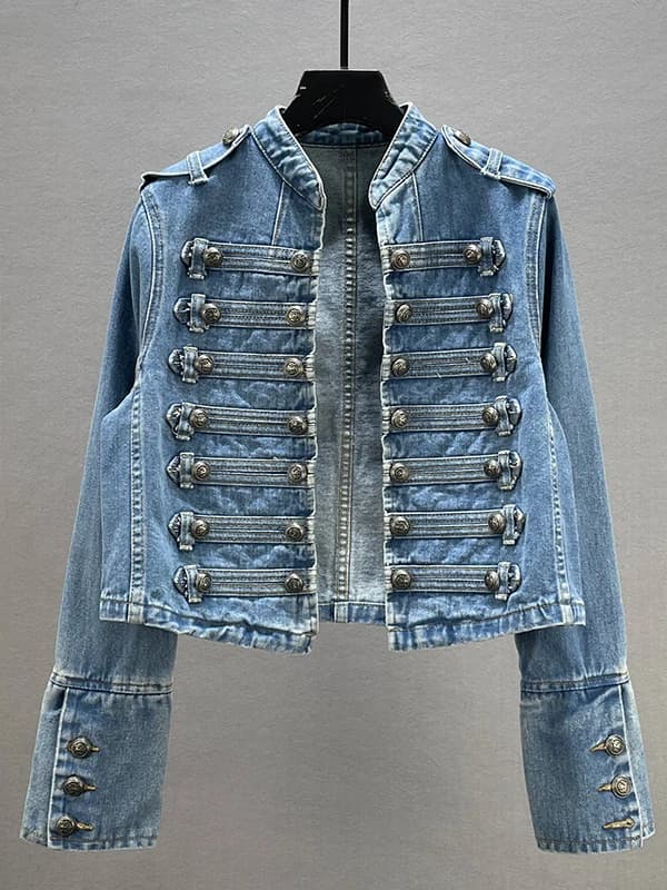 Giacca in Denim Slim Fit Stile Europeo da Donna, Moda Primavera Autunno, Nuovo Stile con Bottoni Decorativi, Colletto Alto, Manica Lunga, Corta