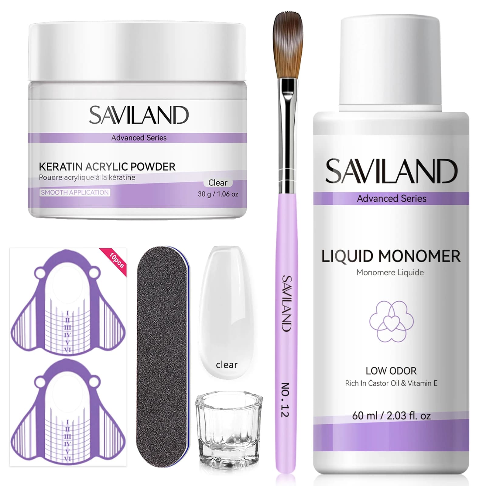 Kit Unghie Acriliche SAVILAND per Principianti, Set Polvere Trasparente 30g e Liquido, 12 Pennelli, Strumenti per Manicure per Estensione 3D Fai-da-Te a Casa o in Salone