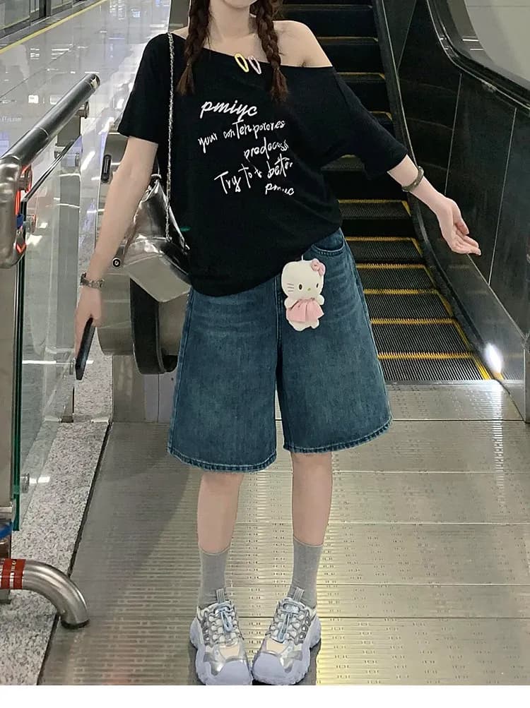 Retro Blue Straight Leg Denim Shorts High Waist Wide Leg Five-Point Jeans for Pear Shaped plus Size Women Summer New Style