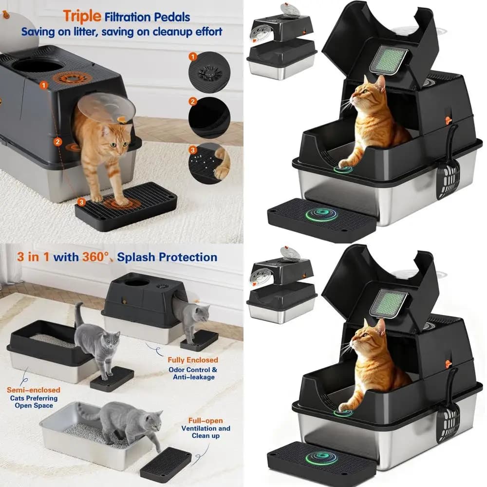 Grande lettiera per gatti rivestita in acciaio inossidabile con coperchio, controllo degli odori, facile da pulire e set di palette