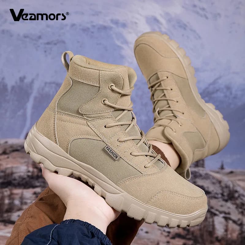 Men High Top Tactical Combat Boots Non‑Slip Thick Rubber Sole Outdoor Hiking Trekking Ankle Boots Breathable Casual Work Shoes