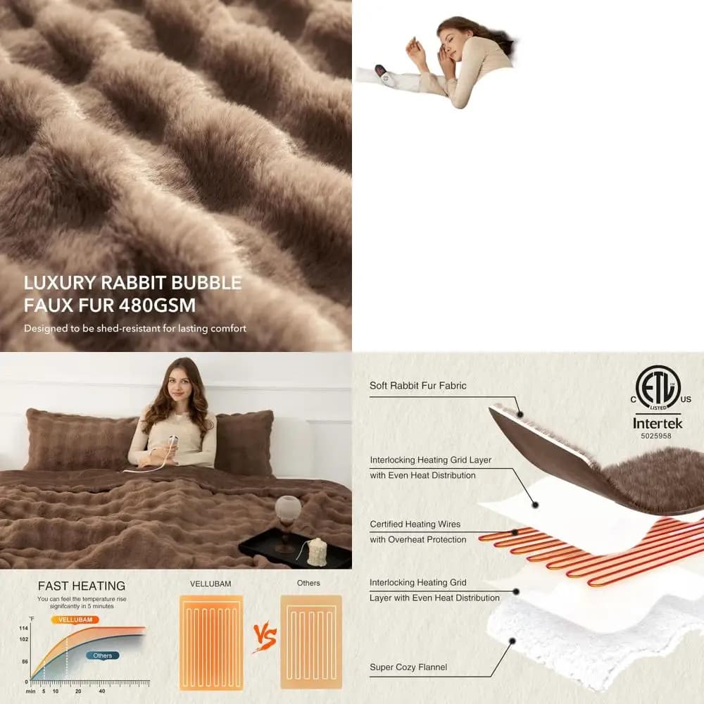 Coperta riscaldata con 6 impostazioni di calore e 10 opzioni timer, cammello a grandezza naturale, morbida coperta elettrica sfocata per donna, certificata ETL, 7