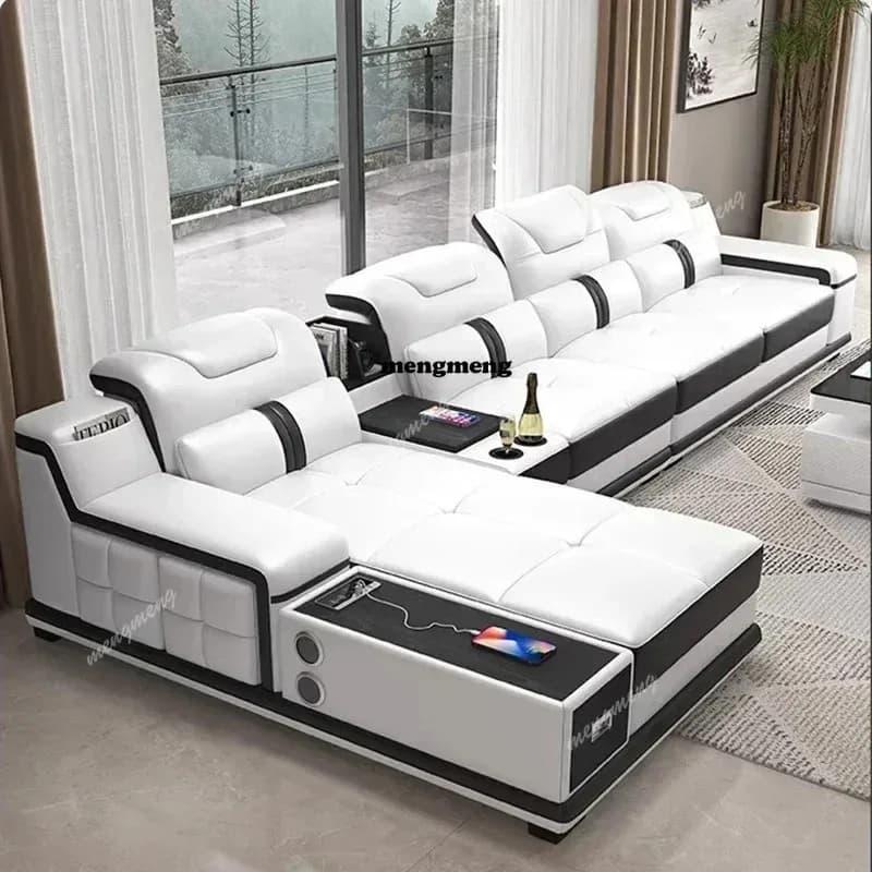 L185 Set di Divani Componibili in Vera Pelle Italiana di Lusso con Altoparlante Bluetooth e Porte USB, Divano in Pelle Bovina per Soggiorno